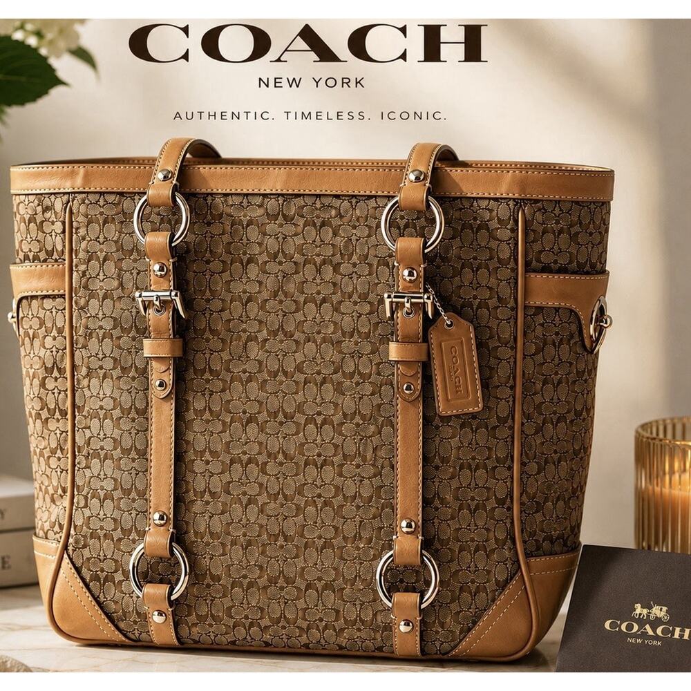 Coach Vintage Signature C Leather Tote Shoulder Bag Brown Tan Buckle Purse Y2K